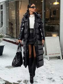 SHEIN Tall Women Long Padded Coat With Adjustable String At Waist, Bright Fabric, Hood, Elegant Streetwear And Casual Everyday Travel Black Winter - Black - View 4