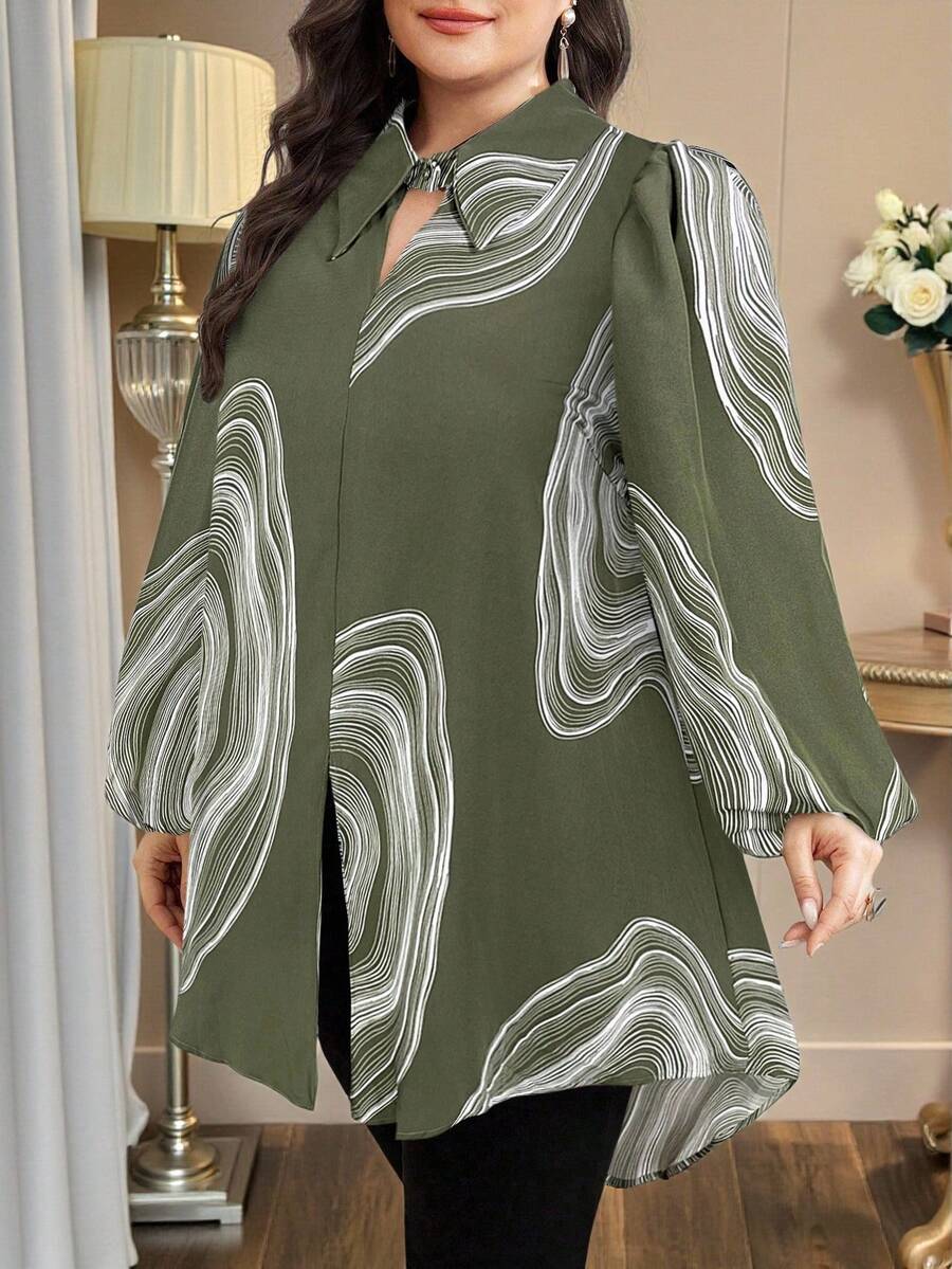 Modelyn Áo sơ mi tay dài dáng rộng, ngắn, đơn giản, thời trang dành cho nữ cỡ lớn - xanh quân đội - Xem 1