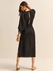 Daynim Solid Knot Front Split Side Denim Dress - Black - View 5