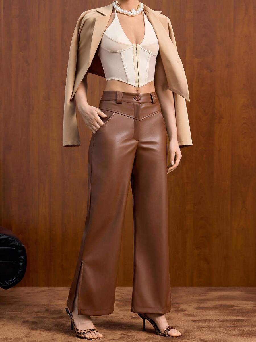 EURMUSE Women Solid Color Pocket And Button Detailed Wide Leg Pants - Brown - View 1