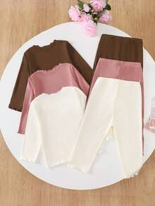SHEIN Baby Girl 3pcs Lettuce Trim Tee & 3pcs Leggings Fall Winter - Multicolor - View 2