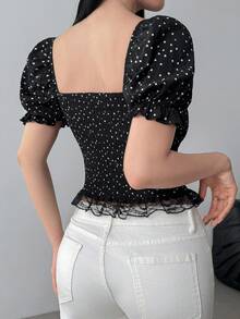 Celisse Fashionable New French Style White Polka Dot Lace Patchwork Summer Square Collar Puff Sleeve Women Blouse - Black - View 2