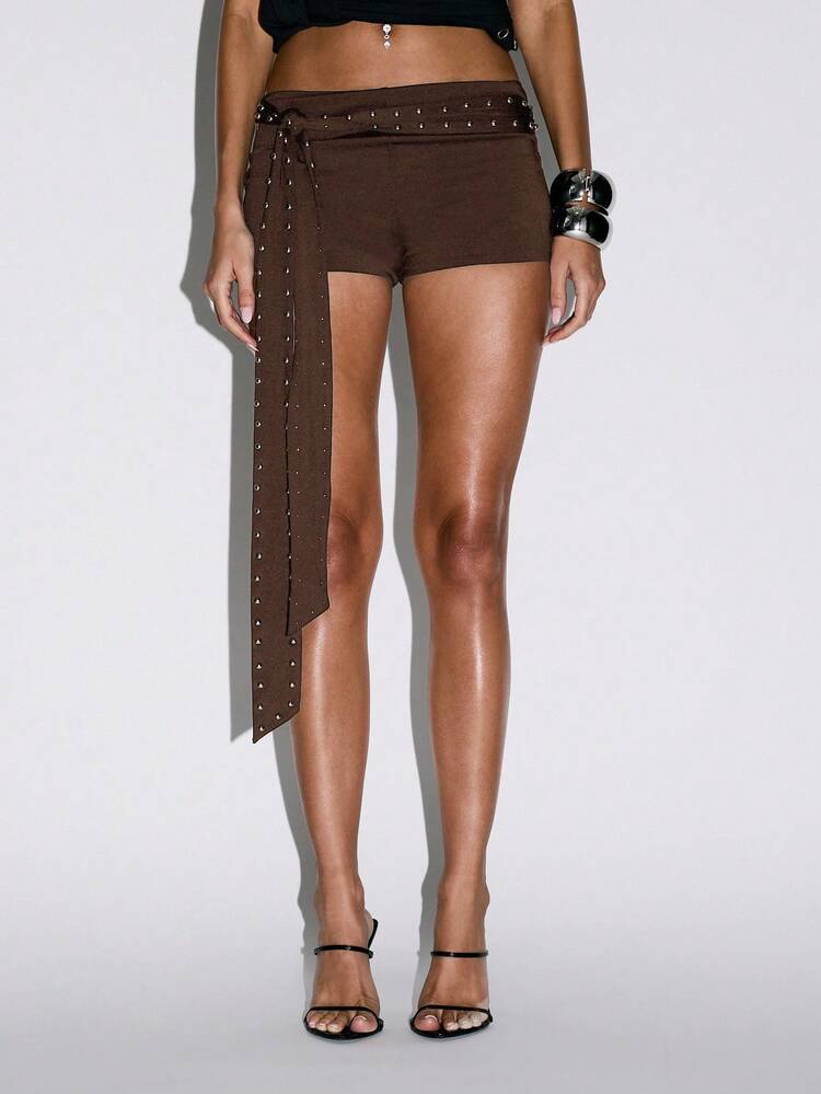 KIZN Studded Belt Shorts With Side Sash Detail
