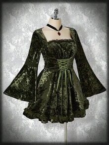SHEIN ICON 大码女式复古 Y2K 天鹅绒方领腰喇叭 A 字连衣裙，万圣节服装 - 綠色 - 查看 4