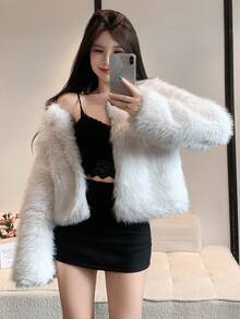 DAZY Women's Korean Style Solid Color Fluffy Jacket Fall/Winter Fluffy Coat - White - View 4