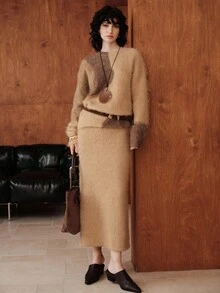 Uhlyne Uhlyne Women's Old Money Elegent Two-Piece Sweater Set,All Shades Of Brown Autumn Fuzzy Knitted Co-Ords,Loose Fit Round Neck Color-Block Brunch Outfit,Khaki - Khaki - View 5