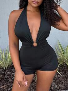 Alexandranx Mono ceñido sexy de mujer con cuello en V profundo y espalda descubierta de un solo color - Negro - Ver 3