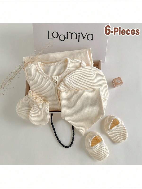 Loomiva Versatile Solid Color Ribbed Newborn Baby Gift Set Newborn Baby Layette Set Neutral Baby Gift Set Newborn Neutral Outfit Natural Baby Clothes Newborn Newborn Ribbed Knit Set Fall Winter