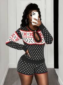 BamGleam 2pcs Women Sweater Set, Long Sleeve Half-Zip Deep V-Neck Pearl Button Black Fair Isle Casual Vintage Fitted Cropped Sweater & Shorts - Black - View 4