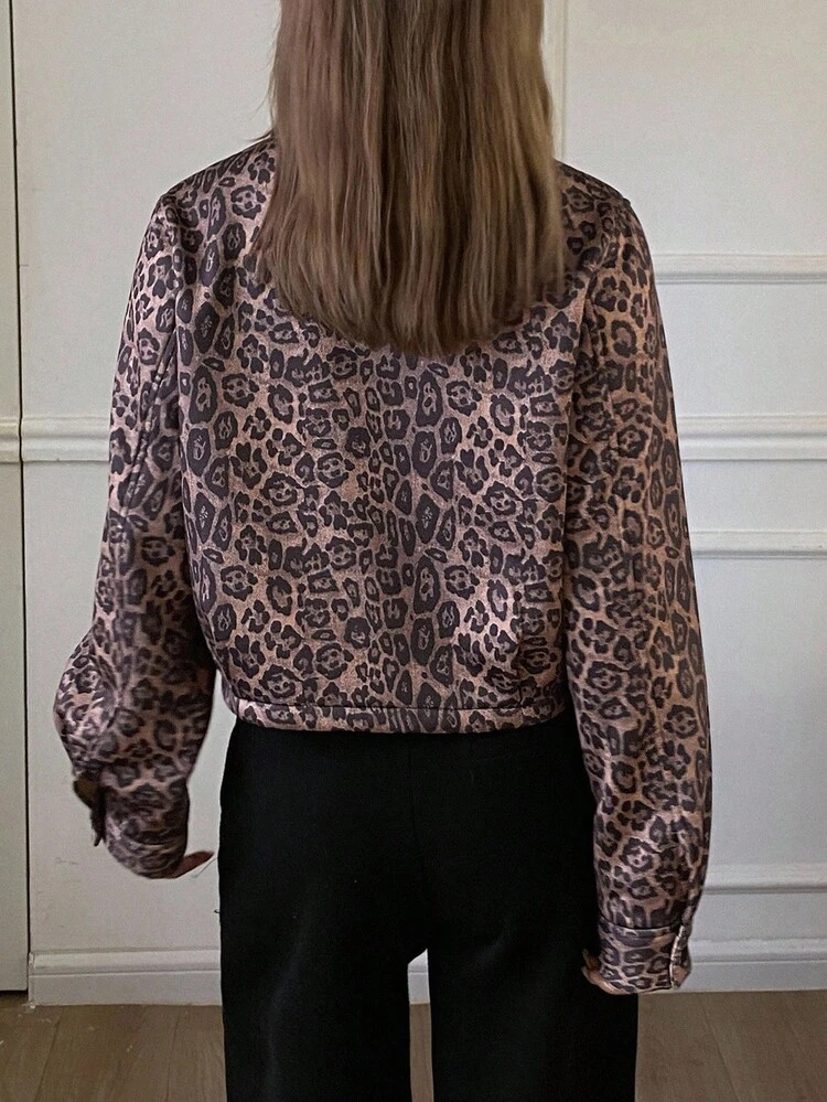 Women's Leopard Print Patchwork Contrast Color Loose Zip-Up Long Sleeve Casual Street Jacket, Autumn/Winter
