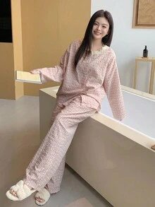 Dazy Plus Plus Size Women Contrast Lace Casual Loose Pajama Set, Suitable For Loungewear Or Outerwear, Fall & Winter Clothes