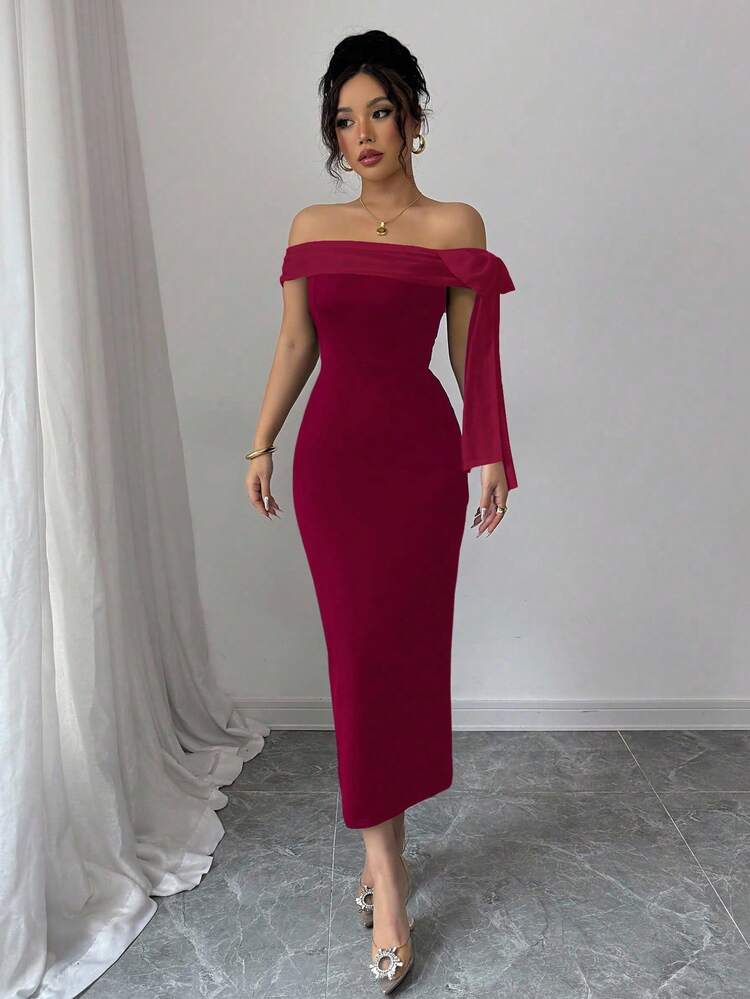 Rafferiza 1pc Women's Elegant Solid Color Waist Cinching Sexy Off Shoulder Dress - Burgundy - View 4