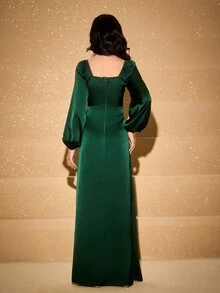 Đầm phù dâu cổ vuông tay dài dáng phồng xẻ tà, thanh lịch cho đám cưới, dạ hội, tiệc sinh nhật, Giáng sinh, tựu trường, lễ tốt nghiệp, mùa thu đông. - Màu xanh lá cây đậm - Xem 2