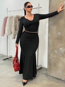 SHEIN EZwear 加大码黑色美人鱼裙和长袖T恤两件套 - 黑色 - 查看 7