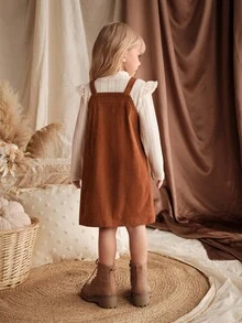 Loomiva Ensemble de t-shirt à manches longues décontracté pour jeune fille, ensemble tricoté côtelé 2 pièces, vêtements d'automne. Ensemble robe pull en velours côtelé, ensemble robe en velours côtelé, ensemble col roulé, ensemble volant ourlet, ensemble robe marron, tenue marron pour enfants - Blanc - Voir 2