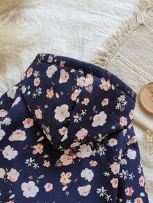 SHEIN Vintaside Kids 年轻女孩的碎花保暖内衬连帽纽扣夹克，时尚休闲，适合日常穿着 - 彩色 - 查看 5