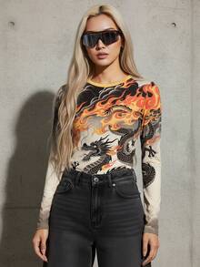 BiGraphic Women's Oriental Dragon Print Round Neck Fitted T-Shirt, Street Y2K Style, Autumn/Winter - Multicolor - View 1
