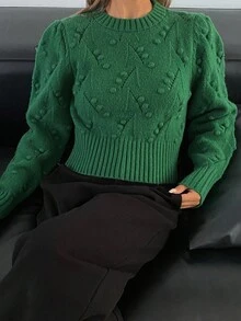 DAZY Áo len nữ tay bồng cổ tròn ngắn màu trơn thanh lịch, Thu/Đông Y2K - màu xanh lá - Xem 6