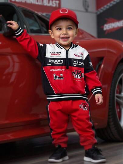 SHEIN 男婴/女婴舒适时尚个性化撞色拼布摩托车夹克、连帽衫、运动衫、针织上衣，适合室内、户外、日常、运动、玩耍、派对、拍照、节日、婴儿洗礼、生日、万圣节、赛车手