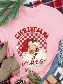 EMERY ROSE Áo thun đỏ Santa Vibes, Áo thun Giáng sinh nữ, Áo Giáng sinh dễ thương và vui nhộn, Áo thun ông già Noel cổ điển, Thích hợp cho mùa xuân và mùa hè - Hồng - Xem 3