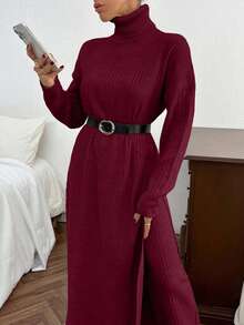 EURMUSE Women Solid Color Rib Knit Turtleneck Slit Detailed Long Sweater Dress & Sweater Pants Set - Burgundy - View 6