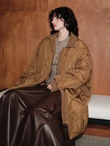 Uhlyne Uhlyne Autumn/Winter New Retro European Style Layered Color-Block Shirt Collar Diamond Plaid Padded Coat, Simple Versatile Loose Casual Padded Coat - Brown - View 3