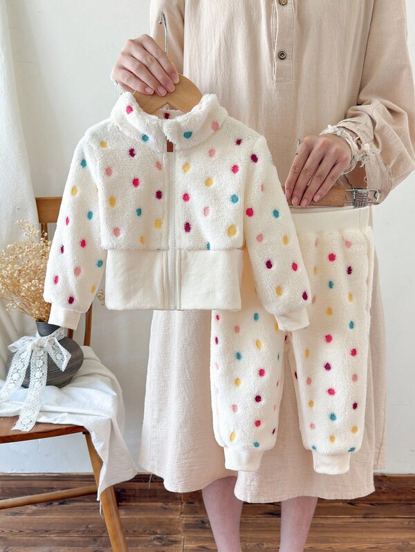 SHEIN 6 Monate - 9 Jahre Baby Herbst Outfit für Mädchen 2 Stücke Set, Lässig Stil Polka Punkt Fleece Mantel & Hose