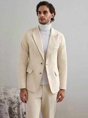 Manfinity CityGents Men's Solid Color Front Button Suit Jacket And Trousers Business Suit Set, Old Money Style