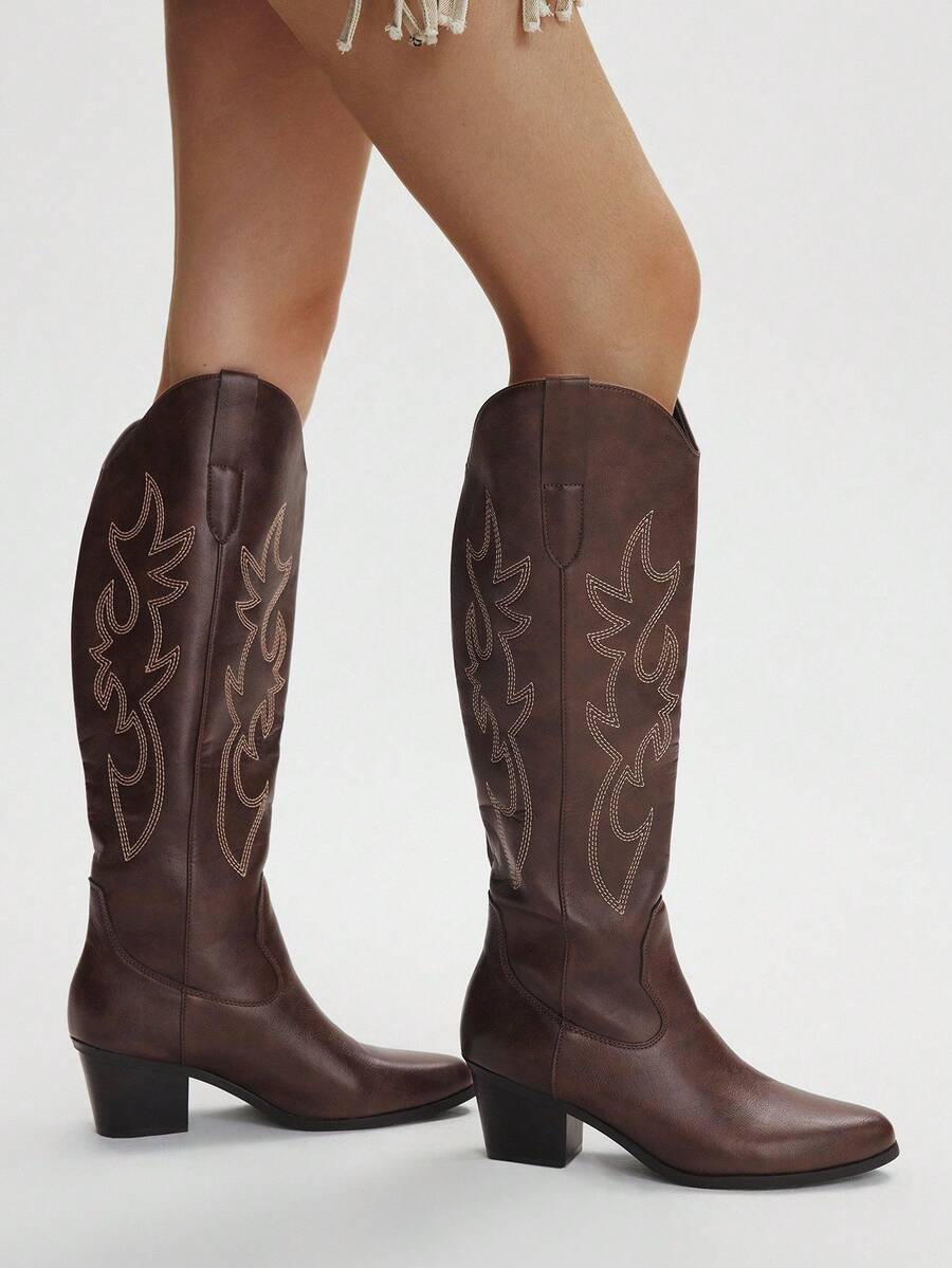 Styleloop Western Cowgirl Boots, Embroidered Riding Boots, Chelsea Boots, Tall Maillard Boots For Women, Suitable For Halloween, Christmas, Autumn Outfits, Western Boots, Core - Coffee Brown - View 1