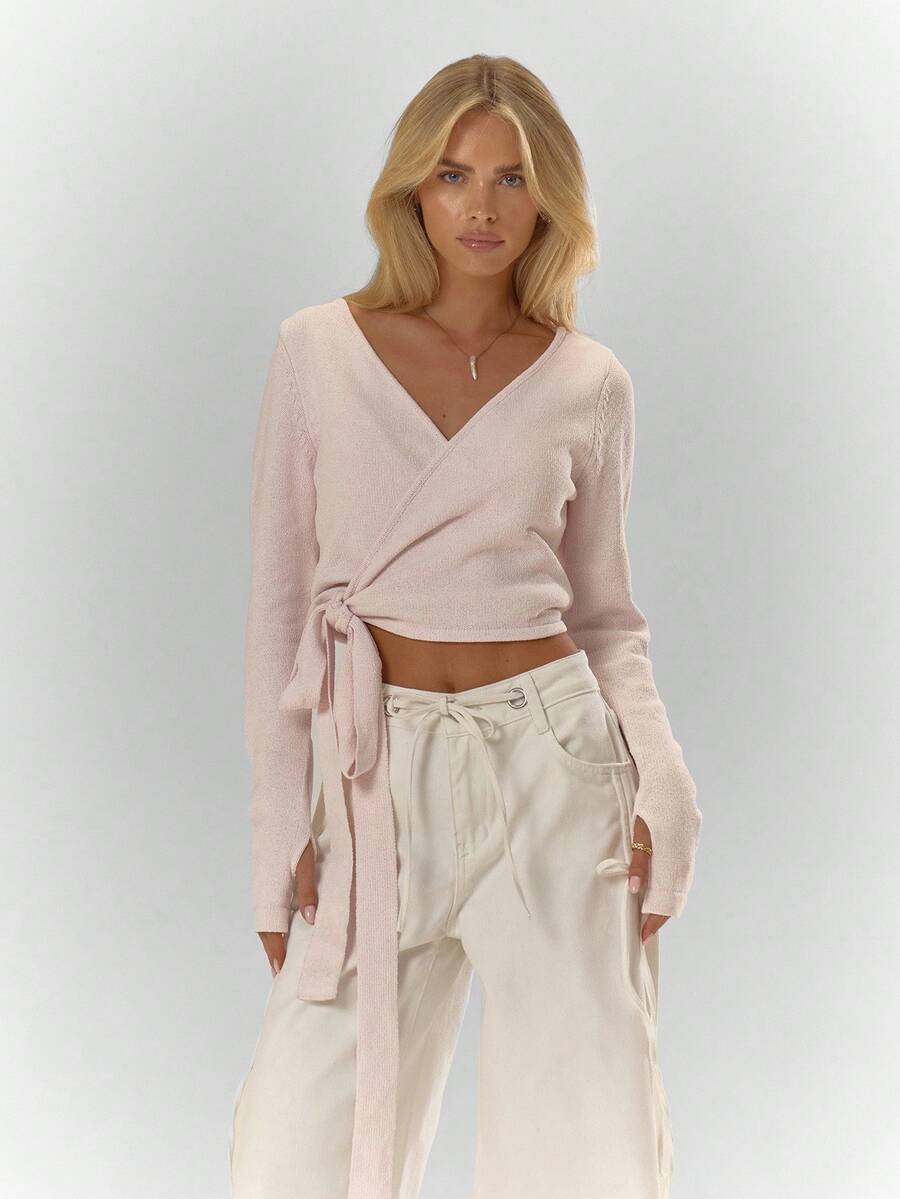 MUSERA ملابس علوية طويلة الأكمام ناعمة محبوكة مع ربطة جانبية، مريحة وأنيقة للسهرات والحفلات الشتوية في النادي أو القهوة - وردي فاتح - مشاهدة 1