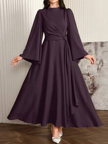 Modelyn Women Elegant Solid Color Bell Sleeve Arabic Dress, Autumn Long Evening Dresses - Brown - View 5