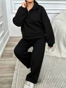 EURMUSE 100%Cotton Plus Half Zip Drop Shoulder Sweatshirt & Sweatpants - Black - View 1