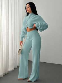 EURMUSE 2 Pieces Ribbed Knit Lounge Set Featuring Asymmetrical Sweater With Decorative Bow Accents And Matching High-Waisted Pants - Mint Green - View 4