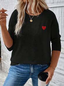 EMERY ROSE 全新加大码女式心形印花圆领长袖T恤 - 黑色 - 查看 4