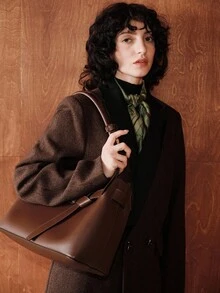 Zovinel Uhlyne 秋季棕色拼接西装外套，法式通勤风格，复古商务休闲女装 - 棕色 - 查看 6