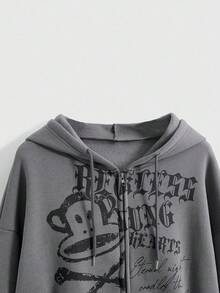 Paul Frank X ROMWE Casual Graphic Women Kpop Y2K Oversized Monkey Print Zip Up Hoodie - Grey - View 13