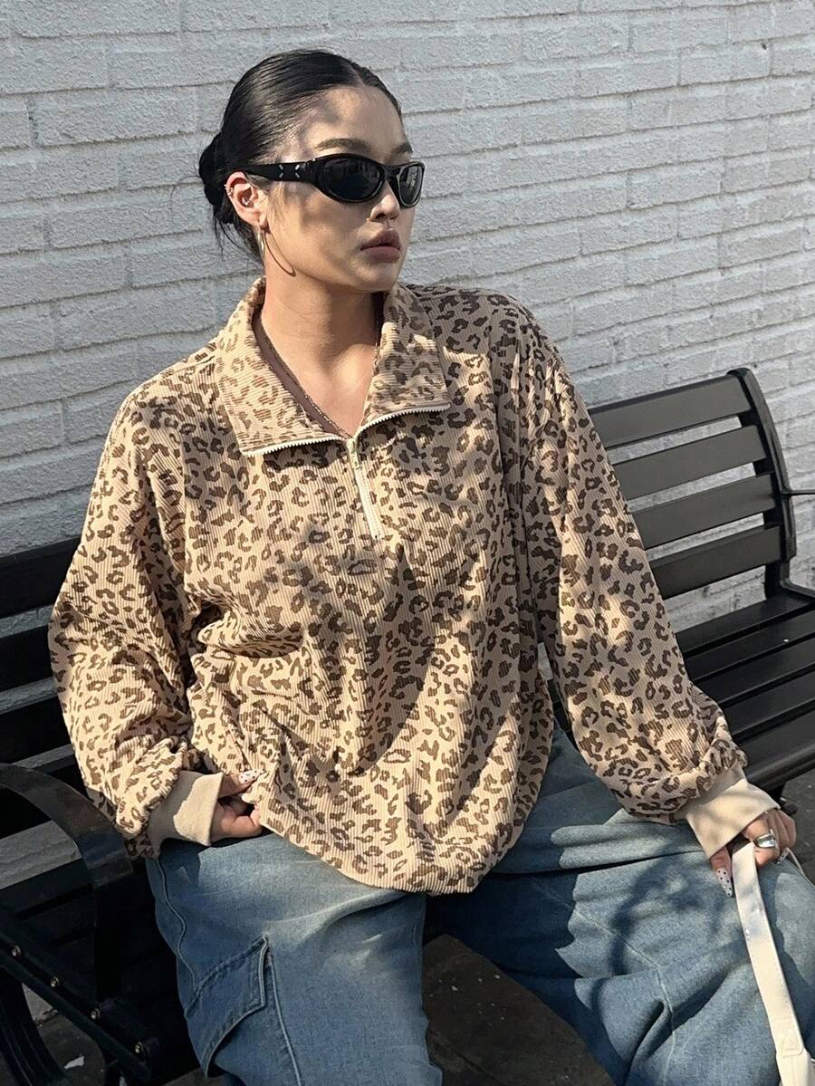 Dazy Plus Plus Size Women Zip-Up Leopard Print Loose Fit Pullover Sweatshirt, Street Style Fall/Winter - Khaki - View 1