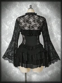 SHEIN ICON Váy ngắn xếp tầng ren corset cỡ lớn màu đen, áo ren tay loe thắt nơ phía trước, bộ đồ hai mảnh phong cách cổ điển Y2K, trang phục Halloween - màu đen - Xem 2