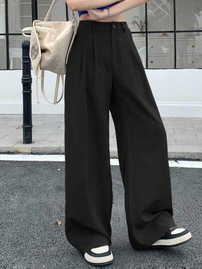 DAZY Women's Casual Solid Color High Waist Pleated Wide Leg Loose Pants