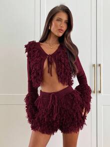 Aloruh Damen Einfarbiger Cardigan mit Fransen und Bindeband an der Vorderseite, Langarm, kurz geschnitten, und gestrickte Shorts, sexy 2 Stücke Set, Herbst - Bordeaux - Übersicht 1