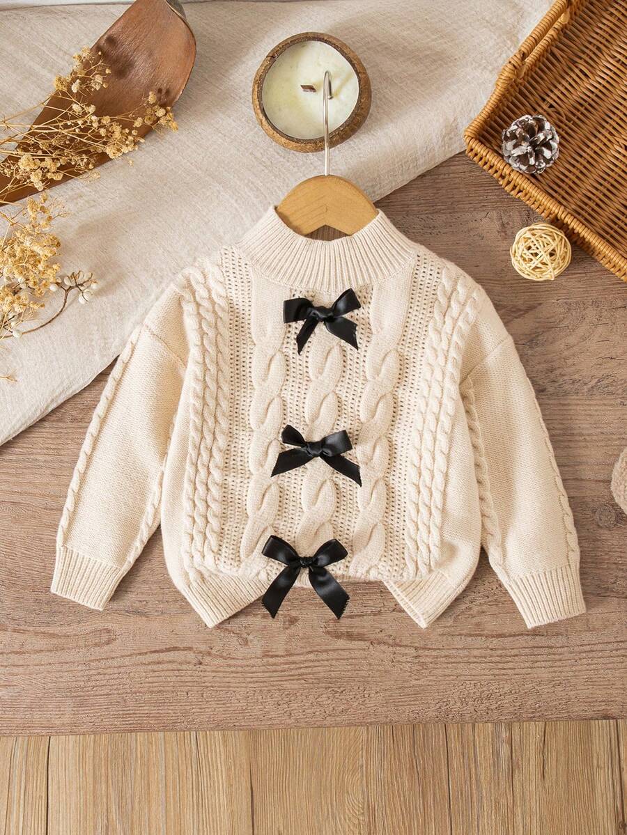 SHEIN Toddler Girls' Colorblock Bow Decor Turtleneck Long Sleeve Sweater Fall Winter - Khaki - View 1