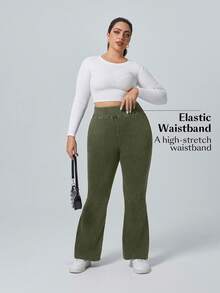 Flexra Plus Size Solid Color Elastic Waist Stretchy Knit Casual Wide Leg Flare Jeans - Army Green - View 6
