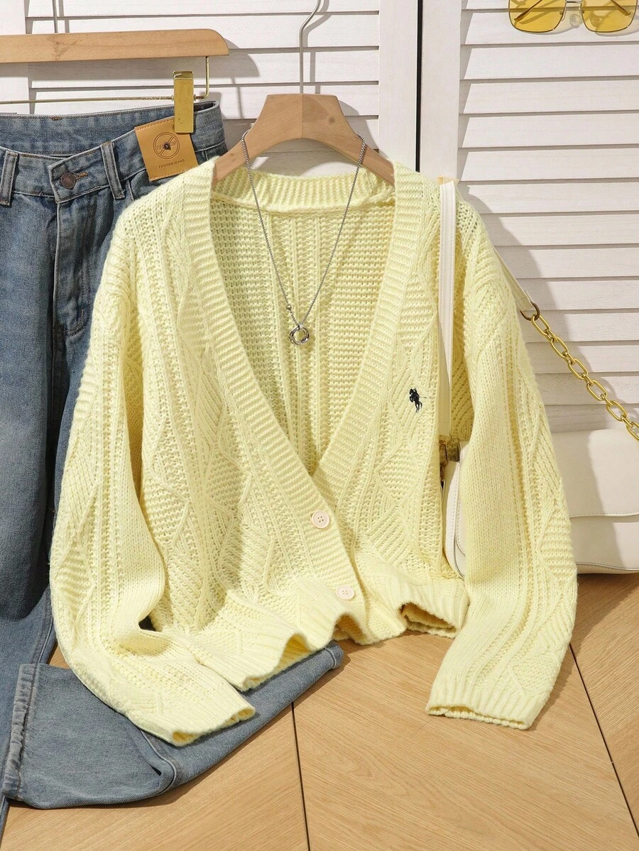 INAWLY 女士休闲百搭刺绣细节开衫,秋冬 - 淡黃色 - 查看 1