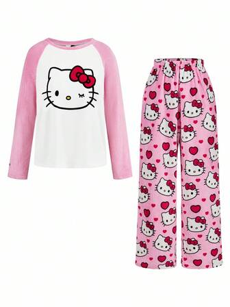 HELLO KITTY AND FRIENDS | SHEIN Dampyjamasset med tecknat mönster och kontrasterande raglanärm, till jul, pyjamasset med långärmad topp och långa byxor, plyschigt, varmt och sött, höst- och vinterkläder