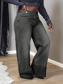 Slaydiva Jeans casuales de pierna ancha con bolsillo y botones para tallas grandes - Negro - Ver 4