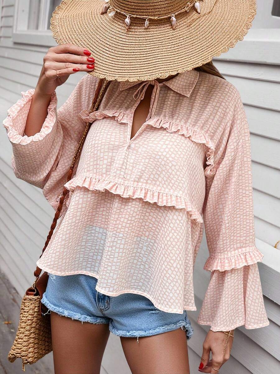 EURMUSE Geo Print Frill Trim Flare Sleeve Blouse - Baby Pink - View 1
