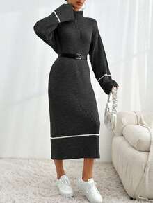 EURMUSE Women's Casual Drop Shoulder Long Sleeve Turtleneck Ribbed Color Block Knitted Sweater Dress, Autumn/Winter - Dark Grey - View 5