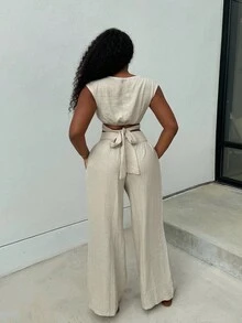 Alexandranx Women's Solid Color Back Tie Blouse And Pants Casual 2 Pieces Set, Two Pieces Set Of Loose Top And Wide-Leg Trousers With Ties At The Back, Solid Color V, Elegant And Casual, Suitable For Daily Wear, Spring/Summer - Green - View 2