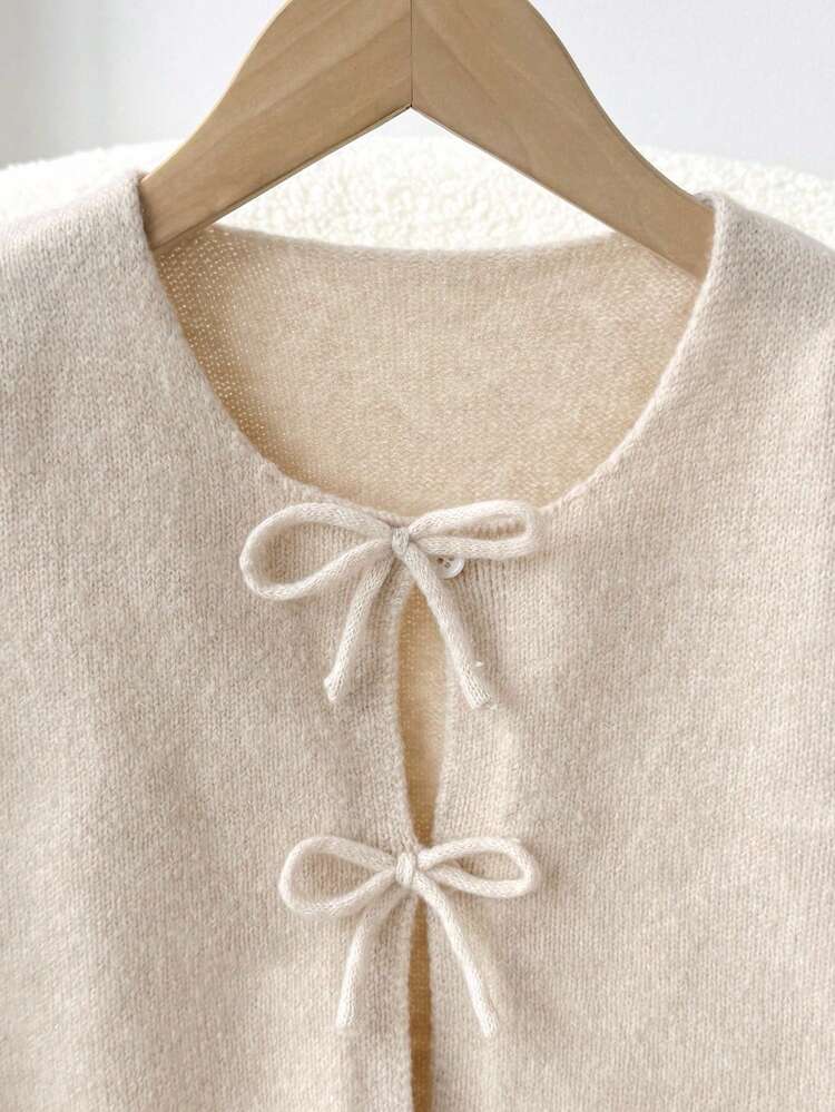 SHEIN Tween flickor lös, avslappnad, minimalistisk, bekväm, rund hals, långärmad, rosett, prickig kofta, skolstartssäsongen - Kaki - Visa 4