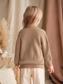 Loomiva Cárdigan de cuello redondo de manga larga con estampado de oso de dibujos animados para niñas, versátil y cómodo, adecuado para otoño/invierno - Caqui - Ver 2